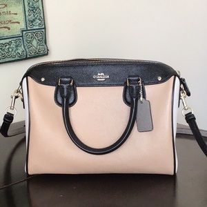 Coach Tan, Black & White Leather Crossbody Satchel